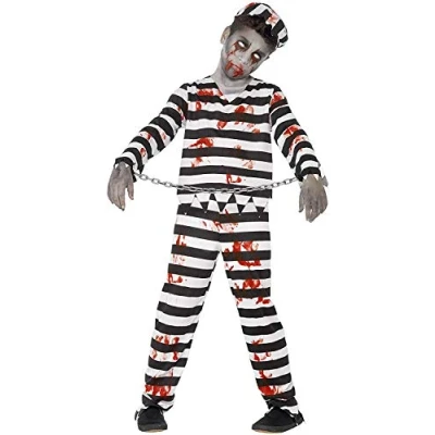 Image of Smiffys Zombie Convict Costume, Black &amp; White with Trousers, Top, Hat Wrist Cuffs, Halloween Child Fancy Dress, Dress Up Costumes
