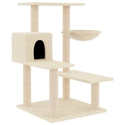 Image of vidaXL Cat Tree with Built in Sisal Scratching Posts, Plush Basket and Enclosed House; Multi Level Entertainment Centre Cream