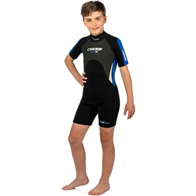 Image of Cressi Unisex Med X Junior 2.5mm Childrens Neoprene Shorty Wetsuit, Black/Orange, 6 7 Years UK