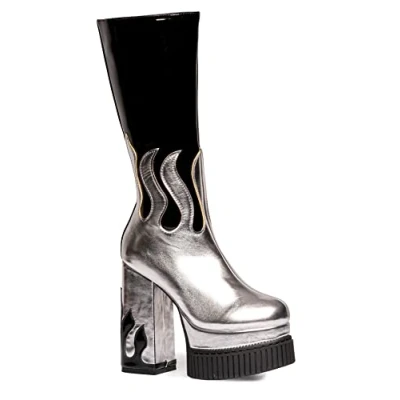 Image of LAMODA Women&#039;s Show Off Mid Calf Boot, Black Patent Silver Pu Flame, 4 UK
