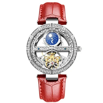Image of RORIOS Women Watches Mechanical Watch Leather Band Automatic Self Winding Wristwatch Moon Phase Luminous for Ladies