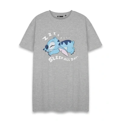 Image of Disney Lilo &amp; Stitch Women&#039;s Grey Marl Nightie Sleep All Day Graphic TGown Cute Sleepwear PJ Set Character Nightwear for Ladies