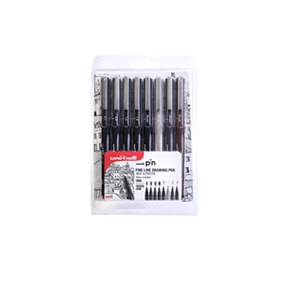 Image of uni PIN 8pc assorted clampack, mix of Black Fine Line pens in 4 nib sizes (0.7mm/0.9mm/1mm/1.2mm) and Brush Tips colours (Light Grey/Dark Grey/Sepia/Black)