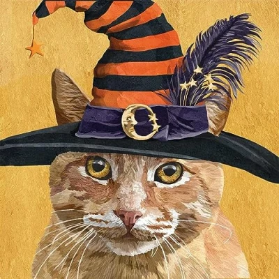 Image of 20 Napkins Autumn Cat with Witch Hat as Table Decoration Paper Motif Also for Decoupage and 33 x cm