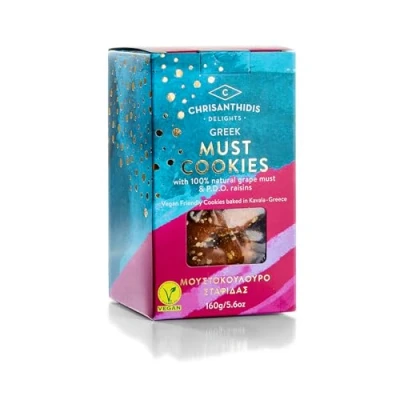 Image of Chrisanthidis Delights Greek Must Cookies with 100% Natural Grape &amp; P.D.O. Raisins, Pack of 4 X 160 g (Total: 640 g)