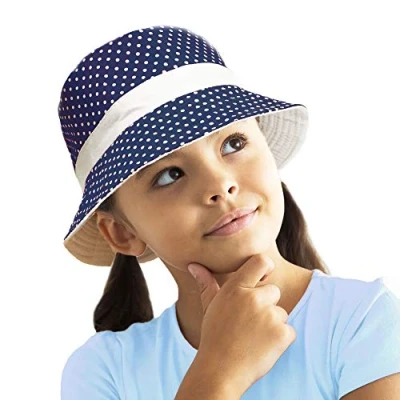 Image of TOSKATOK UPF 50+ Girl&#039;s Reversible Cotton Polka Dot Bush Bucket Sun Hat NAVY 54
