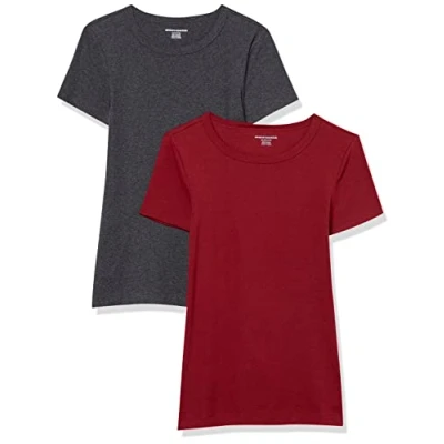 Image of Amazon Essentials Women&#039;s Slim Fit Short Sleeve Crewneck T Shirt, Pack of 2, Charcoal Heather/Burgundy, S