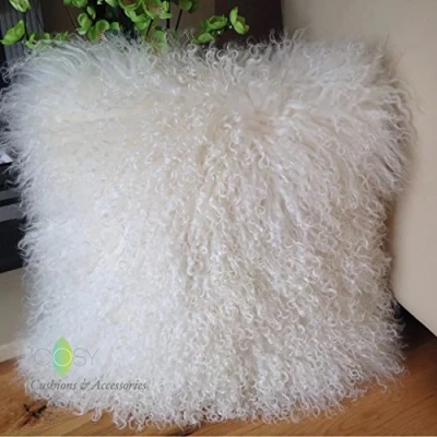 Image of Pure White 45cm x Genuine Mongolian Sheepskin Lamb Wool Fur Cushion With Duck Feather Pad