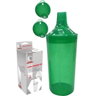 Image of Plastic Feeding Cup with 2 Lids Adult Feeder Beaker Large &amp; Small Spouts, Straw Holes Ideal for Liquids Blended Foods Easy to Hold, Spill Resistant, Perfect Home Hospital Use (Green)