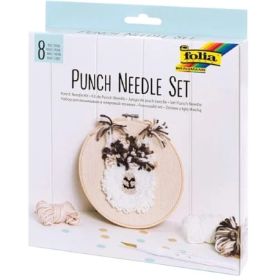 Image of Folia Fluffy Alpaca Motif, 8 Piece Complete Set with Embroidery Frame, Monk Fabric, Punching Needle, Threading aid and Wool, White Brown Tones, One Size