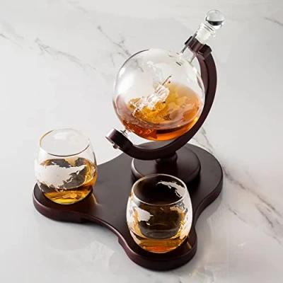 Image of Verolux Whiskey Globe Decanter Set with 2 Etched Glasses in Gift Box Birthday Gifts for Men and Women Home Bar Accessories Bourbon, Scotch, Liquor, Whisky, Gin, Rum, Tequila, Vodka Brandy