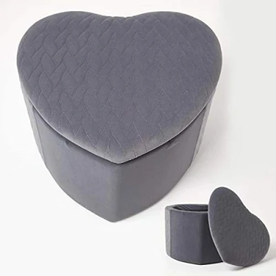 Image of HOMESCAPES Grey Velvet Footstool with Storage Pouffe Heart Shaped Modern On Trend Quilted Vanity Stool Lid Multifunctional Upholstered &#039;Arundel&#039; Footrest Ottoman Seat, 33 cm Tall