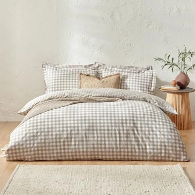 Image of furn. Yard Barton Gingham Check Duvet Cover Set 100% Cotton, Reversible, Oxford Pillowcases, Soft &amp; Breathable Premium Bedding (Double Natural), Beige