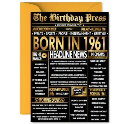 Image of Gold 64th Birthday Card for Men Women Black &amp; Golden Newspaper Born in 1961 Happy 64 Cards Dad Husband Nan Grandad Brother Sister, A5 Bday Greeting