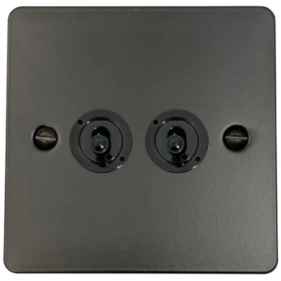 Image of G&amp;H FFB382 FB Flat Plate Matt Black 2 Gang 1 or Way Toggle Light Switch