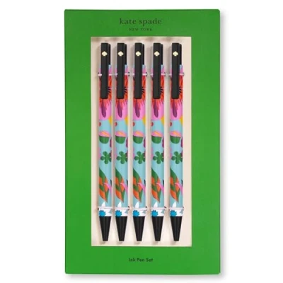 Image of kate spade new york Black Ink Pen Set of 5, Cute Click Pens, Plastic Retractable Pens for Writing and Journaling (Safari Floral)