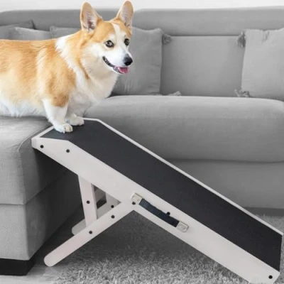 Image of Dog Ramp for Couch PRIORPET Birchwood Foldable Adjustable 7&quot; to 20&quot; Landing Platform Seamlessly Connects Anti Slip Grip Pet Small Dogs up 170lbs White