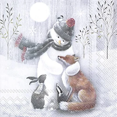Image of 20 Napkins Snowman Hugging All Fox Rabbit Animals Winter Christmas Table Decoration 33 x cm
