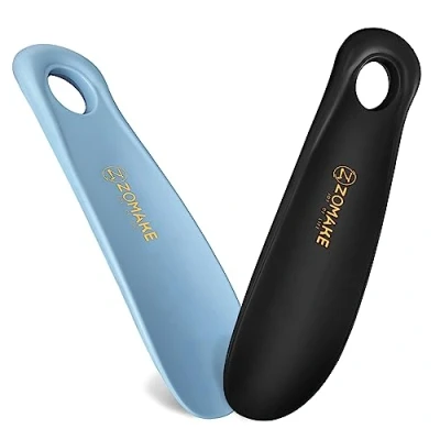 Image of ZOMAKE Small Shoe Horn Plastic Shoehorn 18.5cm,Lazy Helper Short Horns With Hook For Men Women The Elderly Kids (2Pcs Blue&amp;Black)