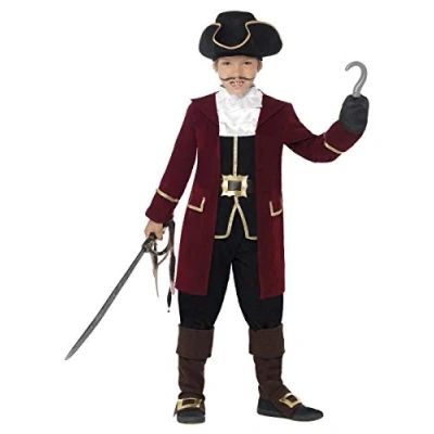 Image of Smiffys Deluxe Pirate Captain Costume, Black Jacket, Mock Waistcoat, Trousers, Neck Scarf &amp; Hat, Boys Fancy Dress, Dress Up Costumes