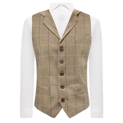 Image of King &amp; Priory Light Oak Brown Herringbone Check Waistcoat with Lapel L