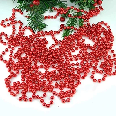 Image of 7.2m (24ft) Red Shiny Christmas Bead Chain Metallic Xmas Beaded Garland Artificial Pearls Tinsel For Tree Hanging Decorations DIY Art &amp; Crafts Jeweller