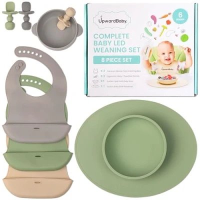 Image of Upward Baby Led Weaning Supplies Suction Plates for Spoons Self Feeding 6 Months, Bowls &amp; Silicone Toddler and Set Eating First Stage BLW Utensils 12 Months
