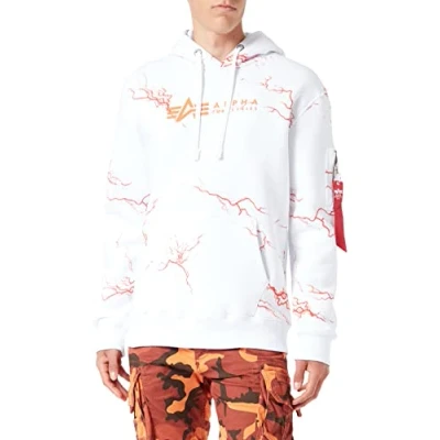 Image of Alpha Industries Men&#039;s Lightning AOP Hooded Sweat Sweatshirt, White/Orange, M