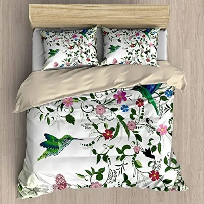 Image of NC Hummingbird Swirled Leaves Blossoming Flowers Bedding Sets 3 Piece Duvet Cover Breathable Quilt with 2 Pillowslips for Guest Room School Dormitory Lining 230x220cm