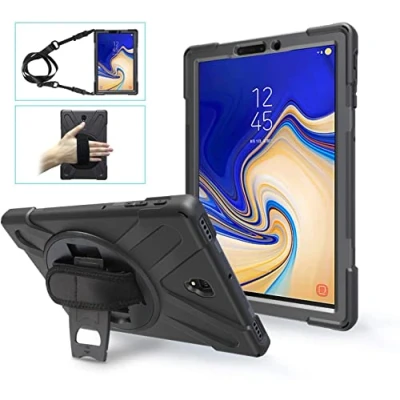 Image of Gerutek for Samsung Galaxy Tab S4 Case 10.5 Inch SM T830/T835/T837 Heavy Duty Shockproof Rugged with 360 Rotating Stand,Hand/Carry Strap Protective Cover 2018, Black