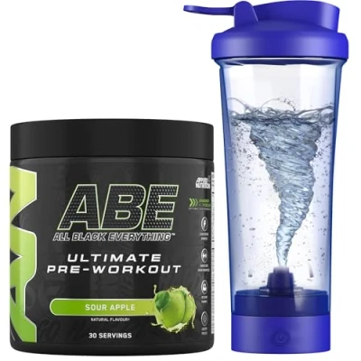 Image of Applied Nutrition Bundle ABE Pre Workout 375g + Electric Shaker All Black Everything Powder, Energy Drink, Physical Performance, Creatine, Beta Alanine, Caffeine (Sour Apple)