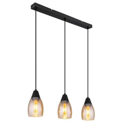 Image of Reid Bar Pendant Ceiling Light Matt Black Amber Glass Shade 3x E27