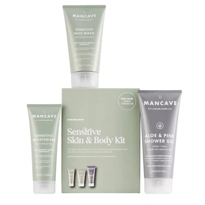 Image of ManCave Sensitive Skin &amp; Body Gift Set, Face Wash, Moisturiser, Shower Gel, Dermatologically Tested, Natural Formulations, Ideal for Travel, Vegan, Made in England