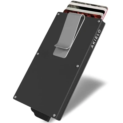 Image of AKIELO RFID Blocking Card Holder with Money Clip and Gift Box Slim Minimalist Metal Blocker Wallet for Men Contactless Credit Protector (Alpha Titanium Edition)