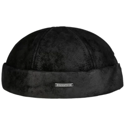 Image of Stetson Pigskin Docker Hat Men Made in The EU Leather Cap with Cuff, caps, Lining Winter Autumn L (58 59 cm) Black