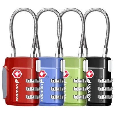 Image of Fosmon TSA Accepted Cable Luggage Locks, 3 Digit Combination with Open Alert Indicator, Alloy Body and Release Button for Travel Bag, Suit Case &amp; (4 Pack) Black, Green, Red Blue