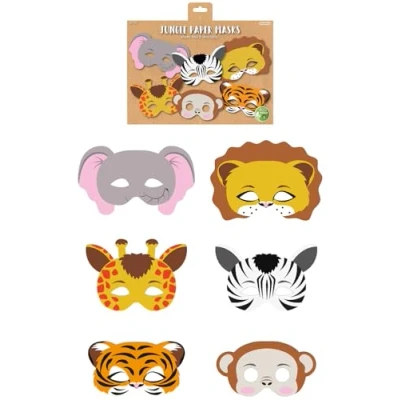 Image of HENBRANDT 1 x Jungle Animal Paper Party Masks for Kids Pack of 12 Safari Animals Face Fancy Dress Costume Birthday Loot Bag Filler Favours Boys and Girls