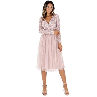 Image of Maya Deluxe Women&#039;s Ladies Wedding Guest Midi Dress Long Sleeve Plunging Neckline V Neck Sequin Embellished Graduation Bridesmaid, Frosted Pink, 24