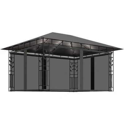 Image of vidaXL Gazebo with Mosquito Net&amp;LED String Lights 4x3x2.73m Anthracite