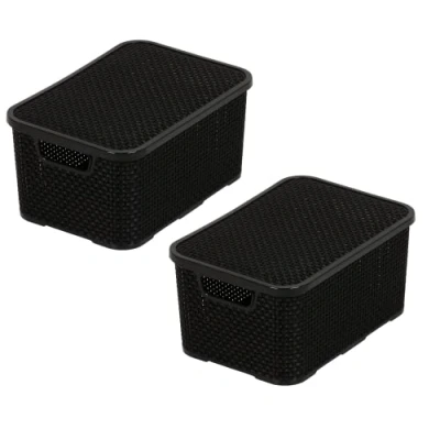 Image of BranQ Home essential Basket with Lid in Rattan Design, Set of 2, Size M, 10 L, BPA Free Plastic PP, Black, 28.8 x 19.7 16.2 cm, Pack 2