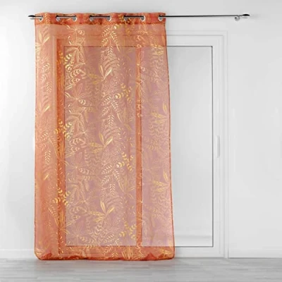 Image of Douceur d&#039;Intérieur, Belflor Net Curtain with Eyelets 140 x 280 cm Terracotta/Gold, Metallic Printed Sandblasted Voile