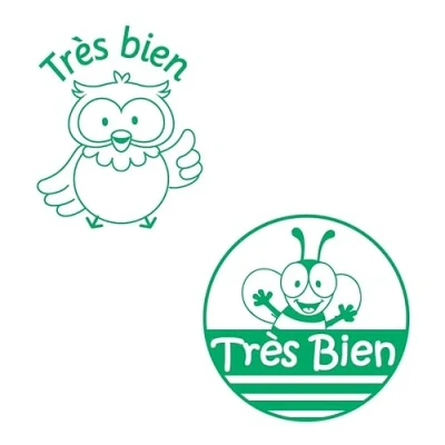 Image of French MFL Teacher Stamps Tres bien (Bee Friends) &amp; (Owl Design). Two Stamp Set Reinkable. 22mm