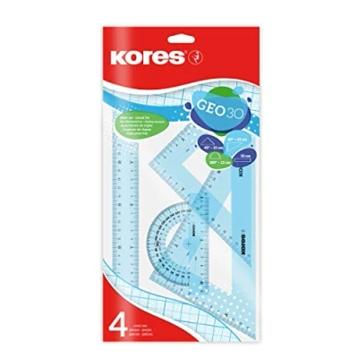 Image of Kores Geometry Set in Assorted Colours GEO30 Protractor, Triangle and Ruler Back to School Supplies, Sets, 4 Pcs Polybag