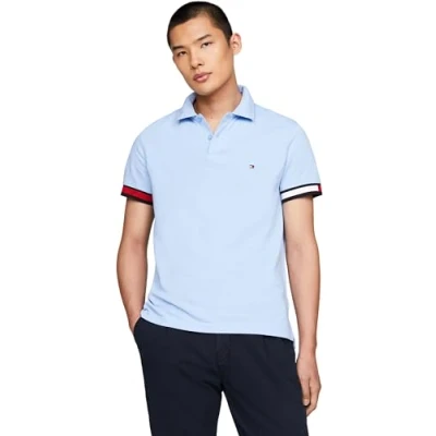 Image of Tommy Hilfiger Men&#039;s Slim Fit Short Sleeve Polo Shirt, Blue (Vessel Blue), XS