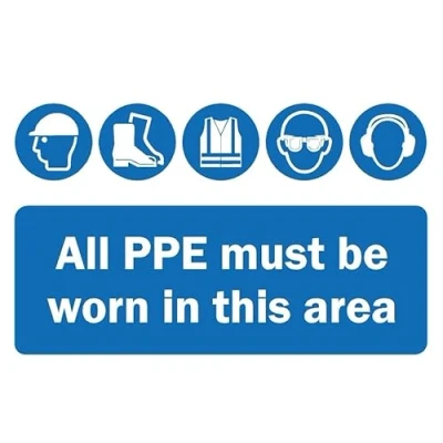 Image of All PPE must be worn in this area safety sign Self adhesive sticker (200mm x 150mm)