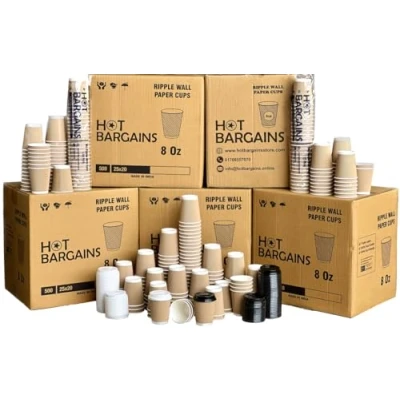 Image of Hot BARGAINS 50 X 8oz Disposable Kraft Paper Cups with Black Lids, Triple Layer for &amp; Cold Drinks, Tea Cups, Coffee Cup Takeaway (8oz)