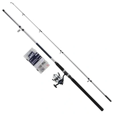 Image of Shakespeare SALT Mackerel Masher Combo Set, Fishing Rod and Reel Combo, Spinning Includes Hard Case Tackle Box, Lures End Tackle, Inshore Fishing, Mackerel, Blue &amp; White, 3m 40 100g