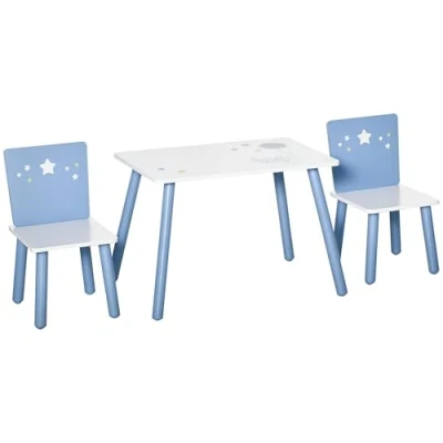 Image of HOMCOM 3 Pcs Kids Table &amp; Chairs Set w/Wood Legs Safe Corners Cute Stars Seating Mini Furniture Home Playroom Bedroom Dining Room Blue