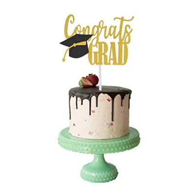 Image of Gold Glitter Grad Cake Topper, Double sided Congrats Graduation Topper for Graduation/Grad Party Decorations