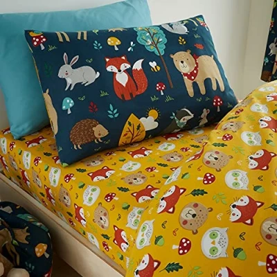 Image of Girls Boys Kids Woodland Friends Animals Navy Blue Standard Reversible Extra Pair Of Pillow Cases